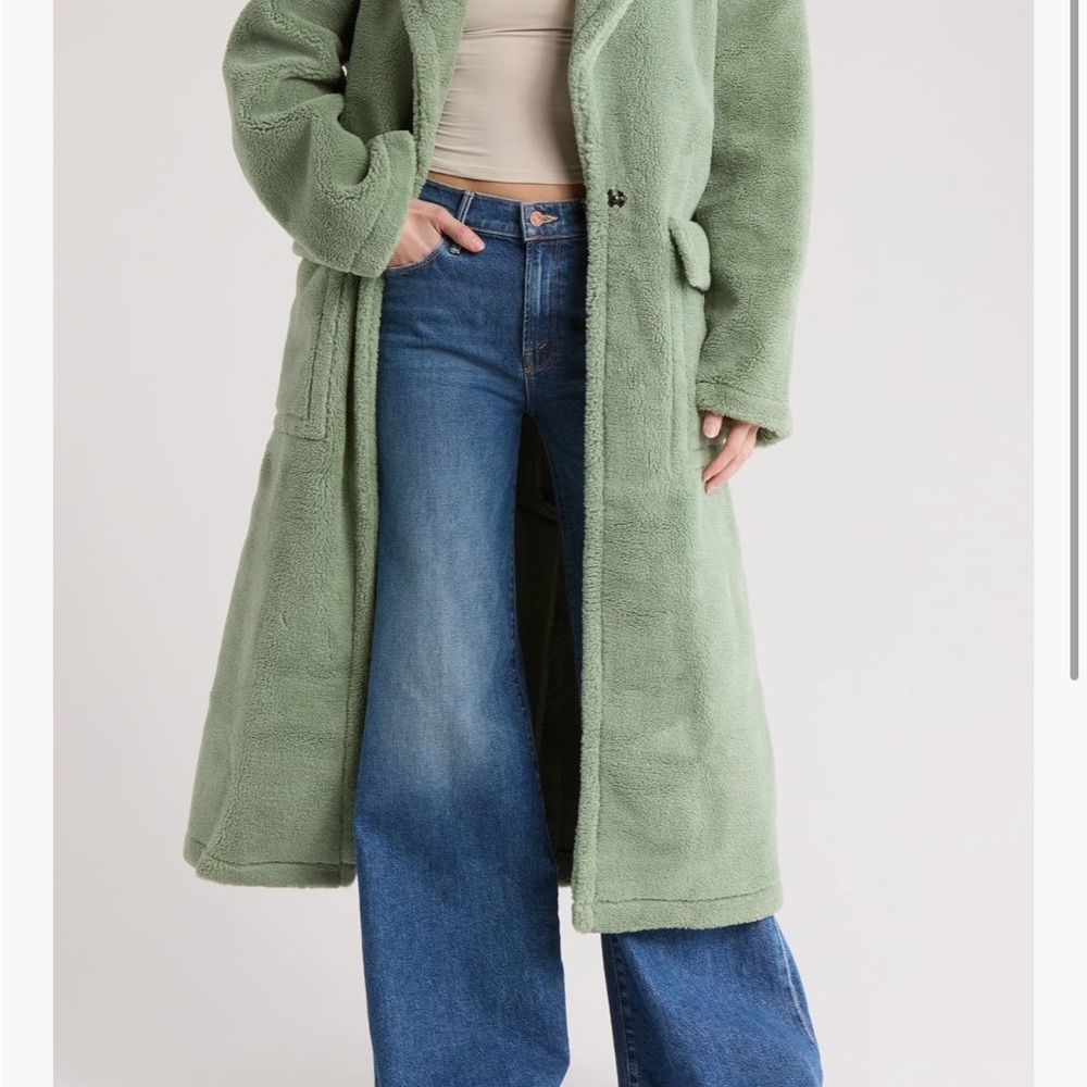 NWT, Topshop faux fur oversized longline coat in light green, size small